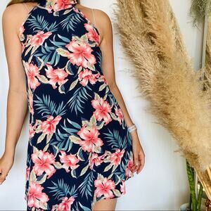 SHEIN Navy Blue Pink Floral Palm Tropical Print Tank Top Mini Halter Dress S